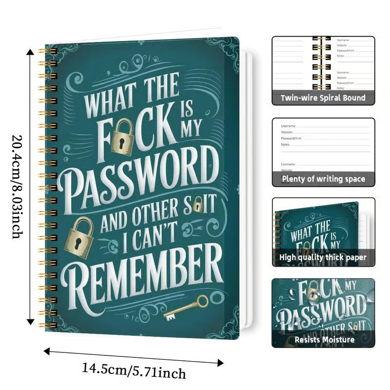 🔥Last Day 50% OFF - 📅Funny Password Notebook - Spiral Bound with Lock Icons & Funny Security Phrases✍️