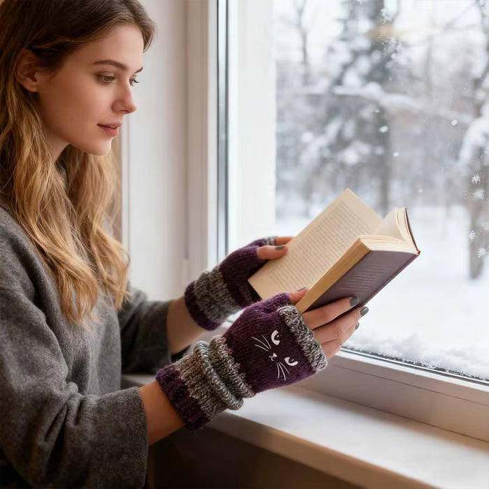 🔥Winter Hot Sale 50% OFF🔥Cat Knitted Embroidery Fingerless Gloves - Cosy, Stylish, Casual Winter Wear