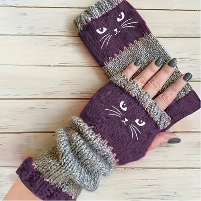 🔥Winter Hot Sale 50% OFF🔥Cat Knitted Embroidery Fingerless Gloves - Cosy, Stylish, Casual Winter Wear