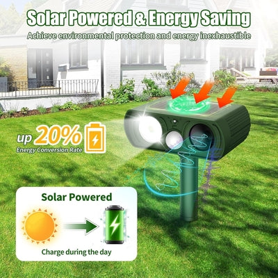 Solar Animal Deterrent Device 🦝 Ultrasonic + Strong Light Dual Repulsion 💡, IP65 Waterproof ☔, Keep Animals Away from Your Home! 🏡